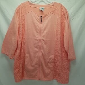 Bon Worth Womans Size XL Petite Peachy Pink Full Zip Front 3/4 Sleeve Lace